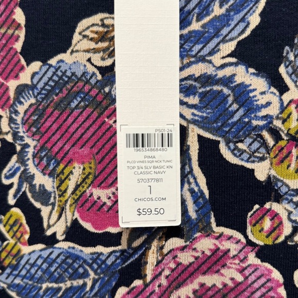 Chicos Floral Pima Cotton Knit Tunic Top 3/4 Sleeve Square Neck Navy‎ Size 1 M 8 - Picture 3 of 8